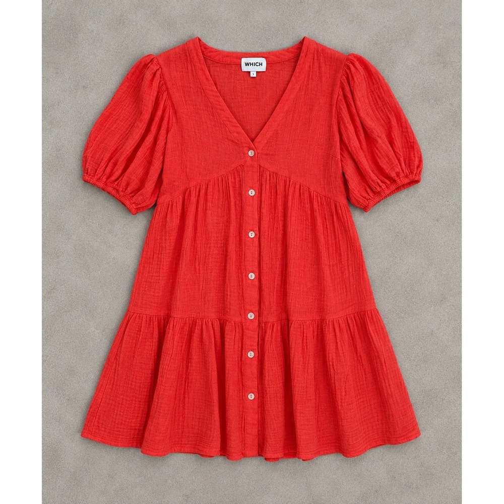 French Paris Red Cotton Gauze Tiered Mini Dress Puff Sleeve Babydoll Small